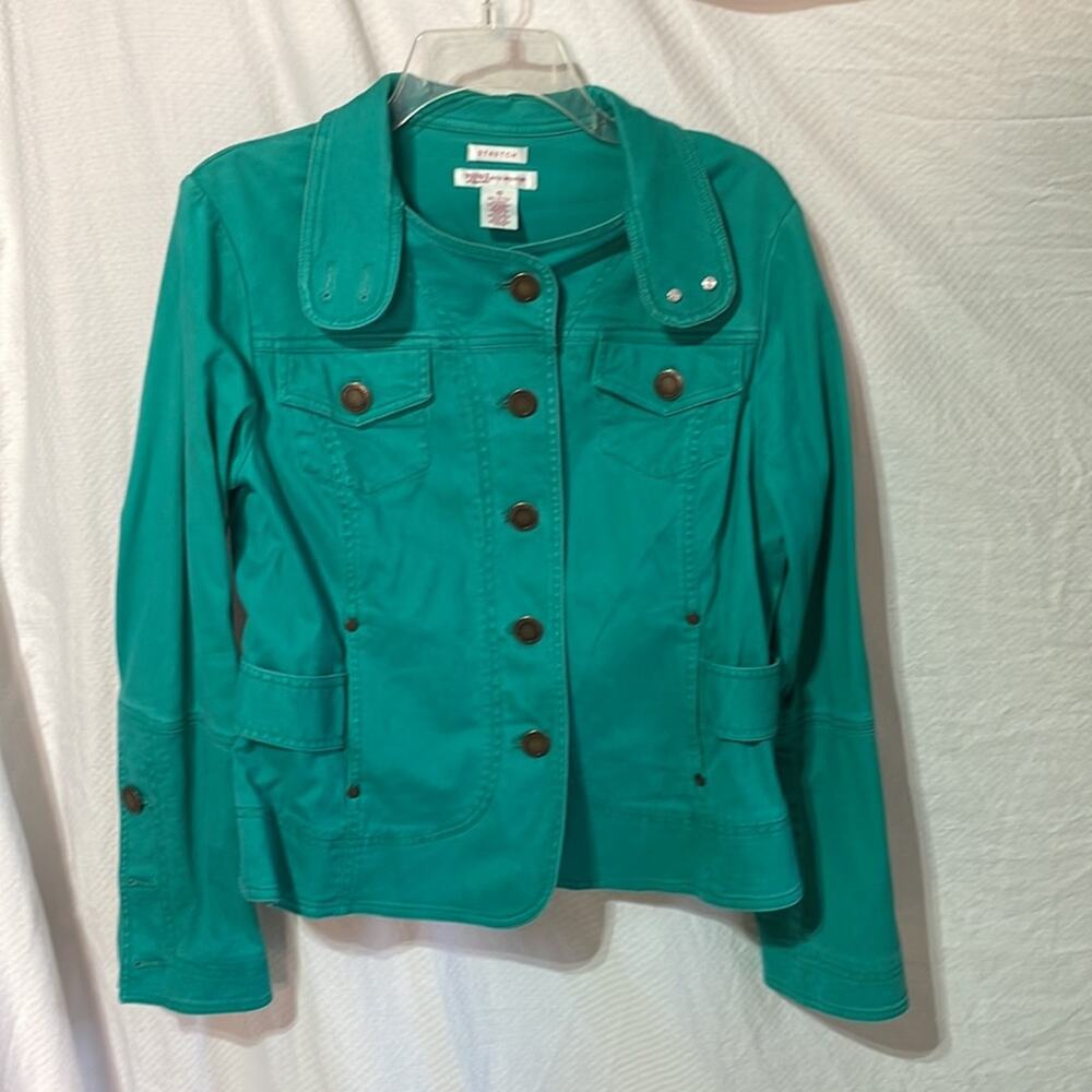 Nine & Co 10 teal cotton stretch jean jacket shaped fit with style euc